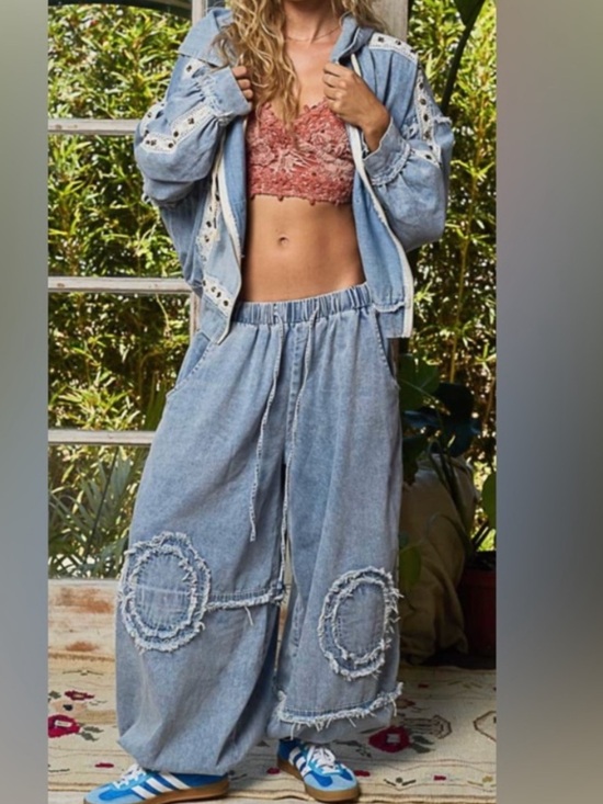 POL Pants - POL Light Blue Denim Patch Wide-Leg Set